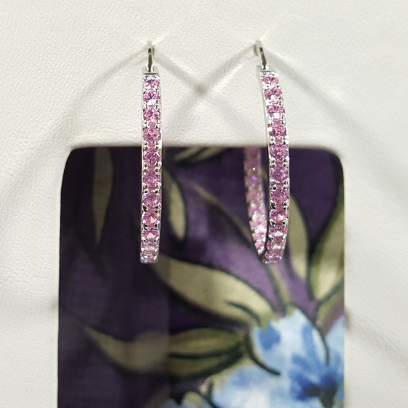 Pink Cubic Zirconia Inside Out Hoops - Picture 3 of 8